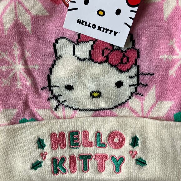 Hello Kitty pink snowflake Christmas winter beanie with pompom Sanrio kawaii - Picture 4 of 5